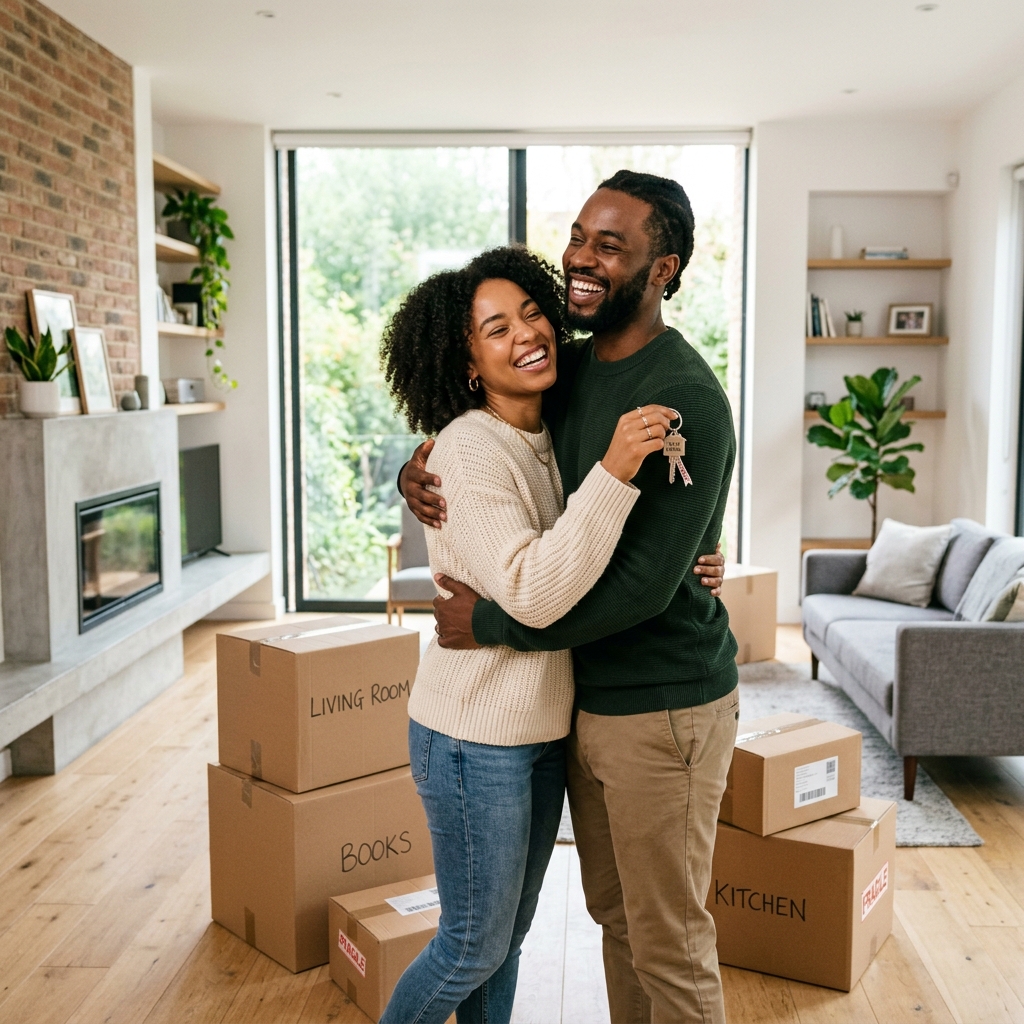 Happy Black couple in their new home
